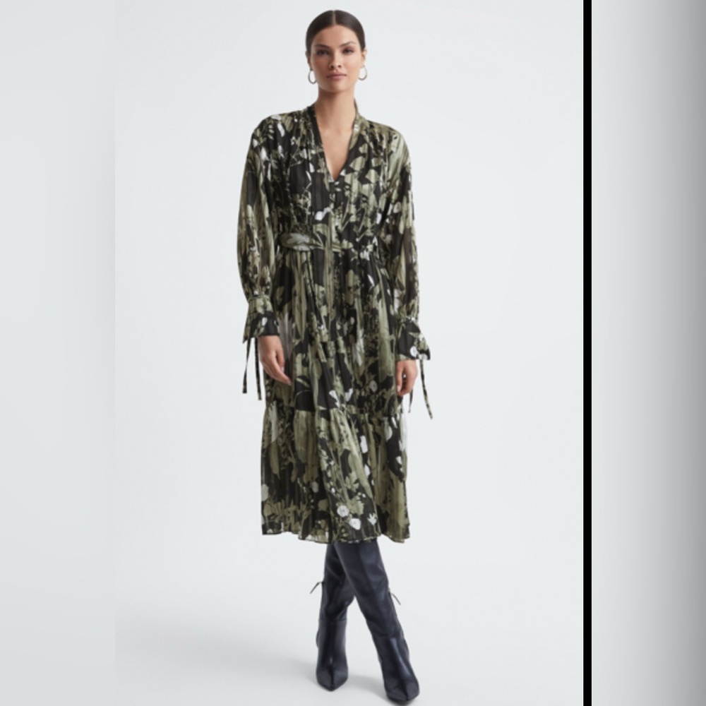 Reiss Olive Green Black Floral Midi Dress